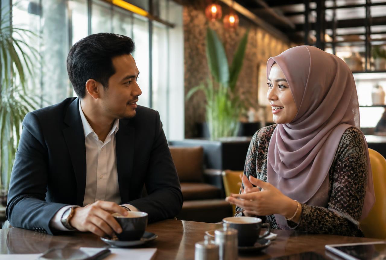Two professionals in conversation in a Malaysian cafe